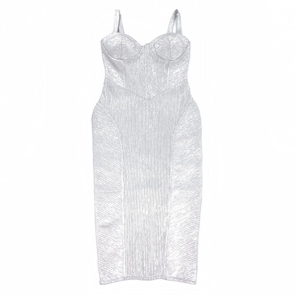 NWT Retrofete Zora Coated Knit Dress Silver Bustier Cup Midi Bodycon Glam Large